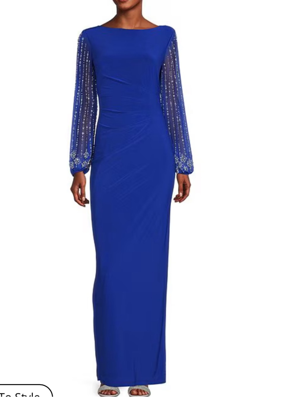 Boat Neck Long Beaded Elastic Cuff Sleeve Matte Jersey Back Slit Sheath Gown